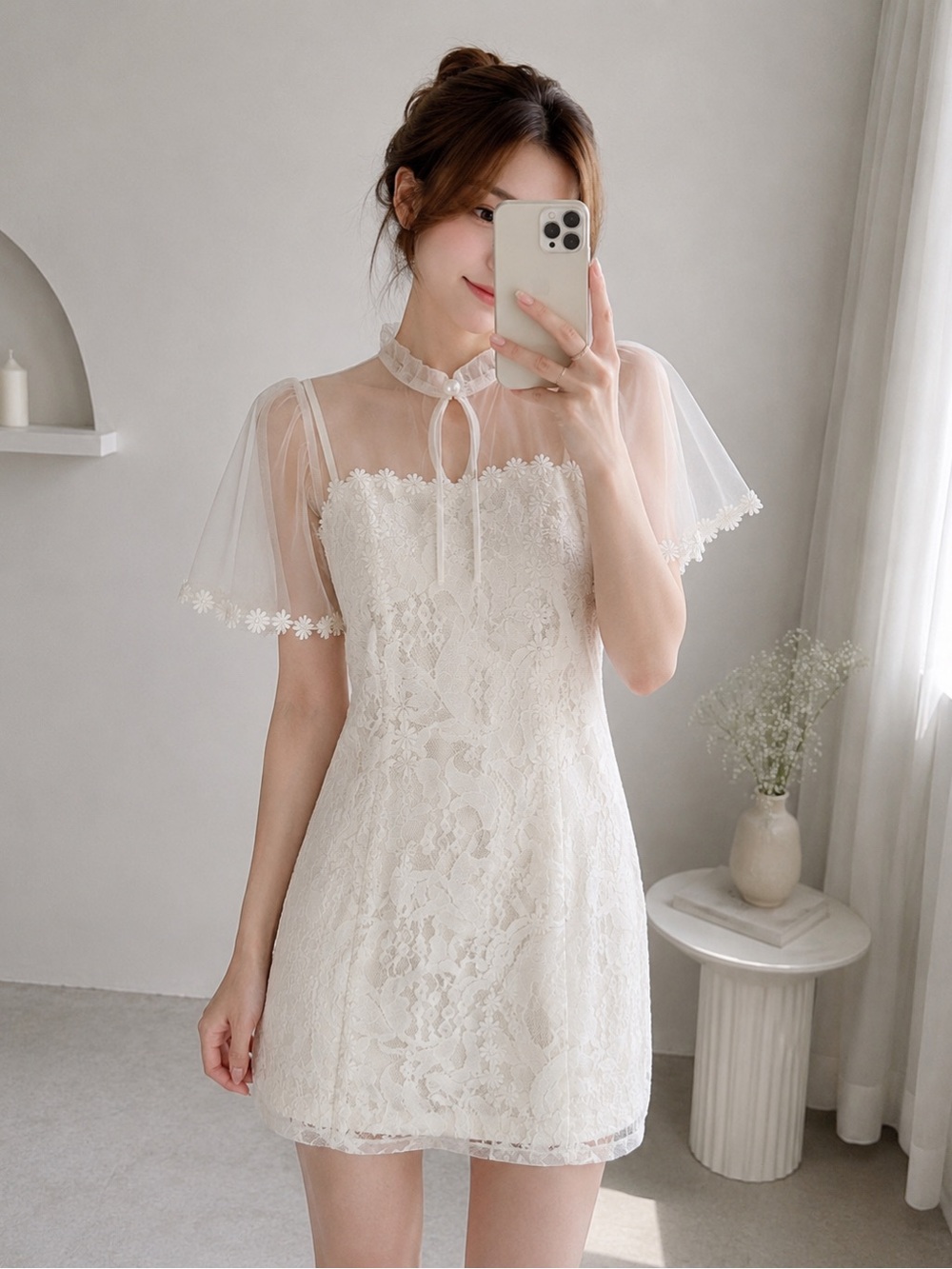 White Lace Mini Dress with Sheer Capelet • Floral Lace • Short Sleeve • NWT